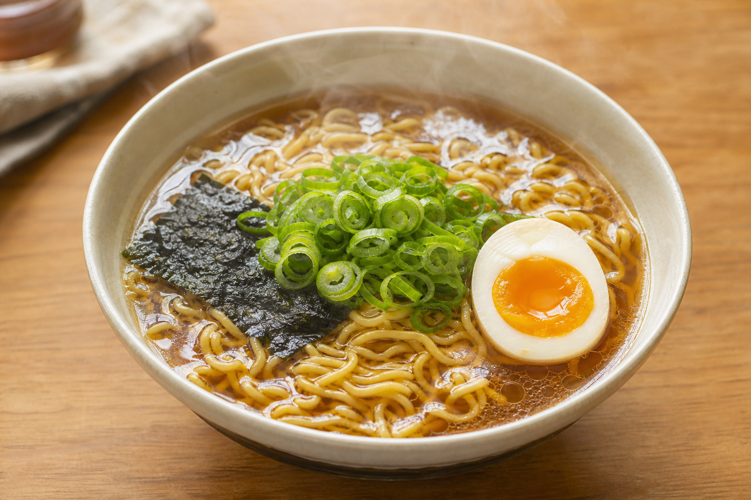 しょうゆラーメンにごま油を数滴たらし、海苔と青ねぎと半熟卵をのせたイメージ