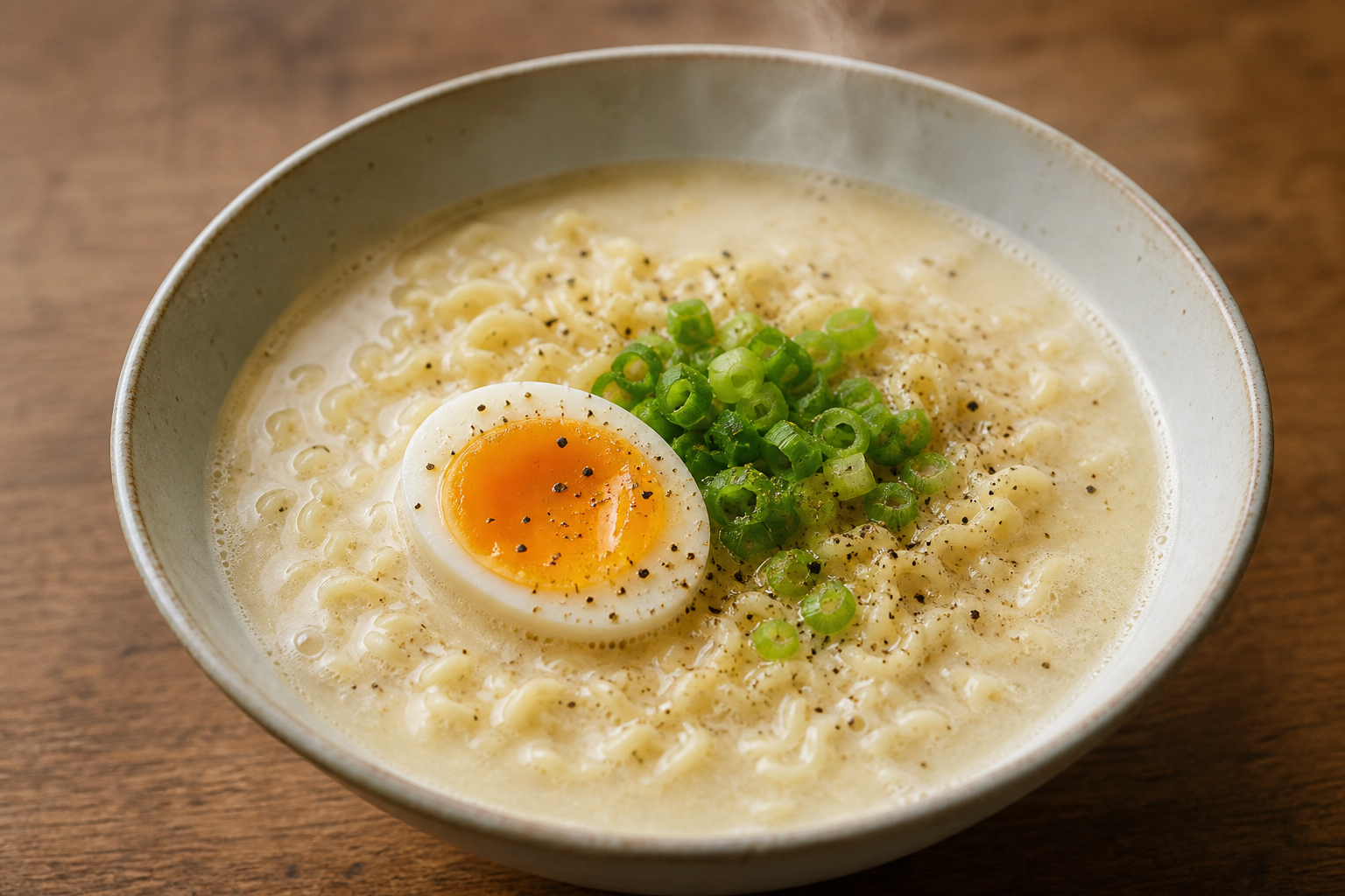 豆乳でまろやかにした塩ラーメンに半熟卵を合わせたイメージ