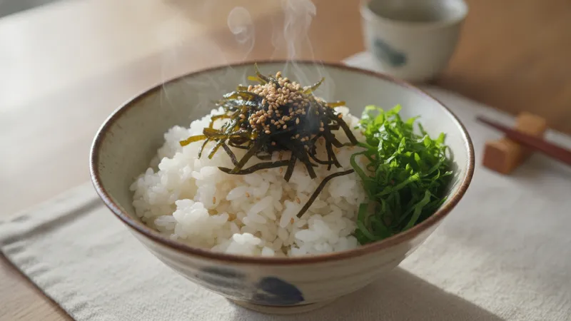 塩昆布と白ごまをのせたご飯のイメージ
