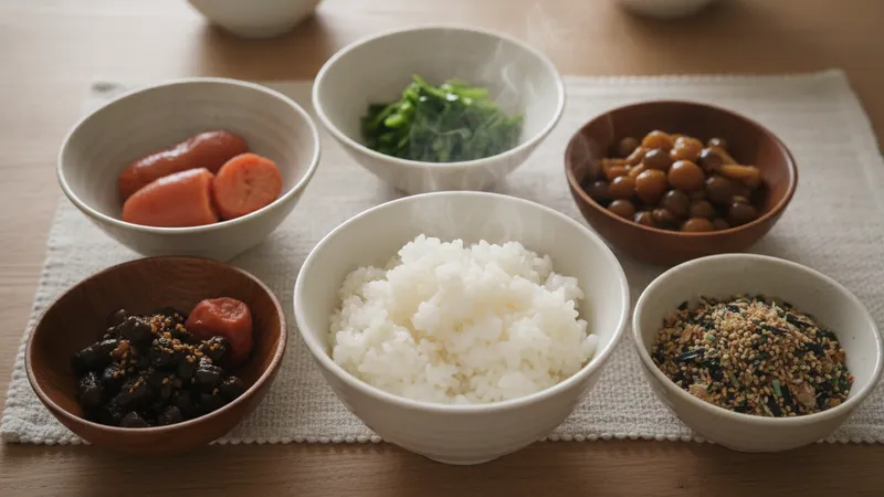 ご飯のお供を並べた食卓のイメージ