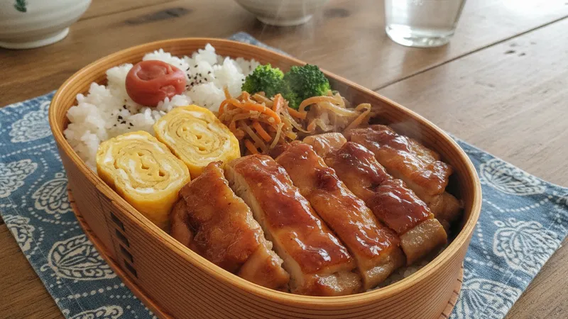 照り焼きと卵焼きときんぴらのお弁当のイメージ