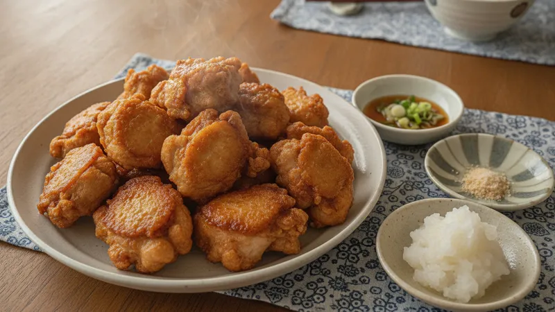 唐揚げと3種の付け合わせ調味料のイメージ